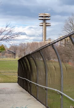 New York State Pavilion Observation Towers, Flushing-Meadows-Park, New York City during overcast winter day, vertical