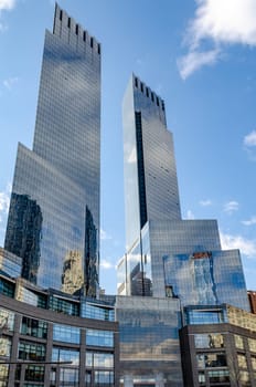 Time Warner Center, New York City, no people, view from low angle during winter, vertical