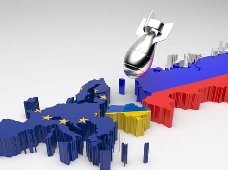3d rendering of a Missile bombarding a map of ukraine in europe