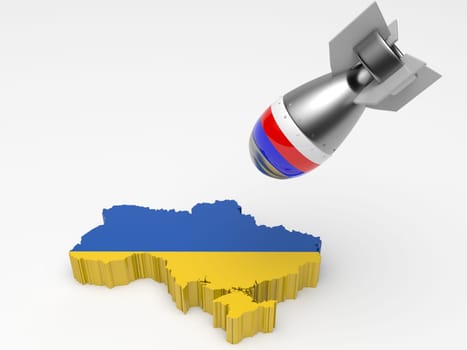 3D rendering of a Russian Missile bombarding a map of Ukraine in Europe