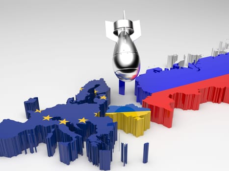 3d rendering of a Missile bombarding a map of ukraine in europe