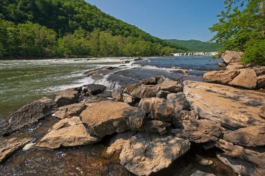 Fast Moving Water on a Mountain River on the New River at Sandstone Falls in West Virginia
