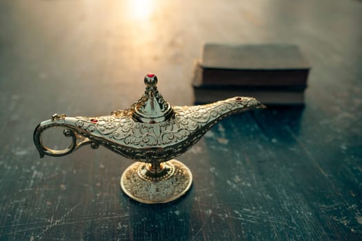 Ramadan Kareem festive greeting card for Muslim holy month with Aladdin lamp of wishes and Quran