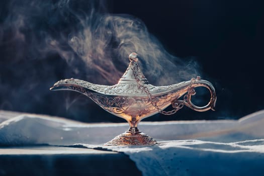 Ramadan Kareem festive greeting card for Muslim holy month with Aladdin lamp of wishes