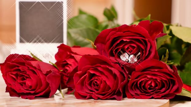 Background Festive Flatlay, composition for Valentine's Day on February 14. Coffee in a red cup, red rose flowers and diamond heart earrings