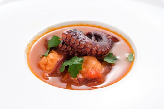Braised octopus in tomato soup with parsley close-up