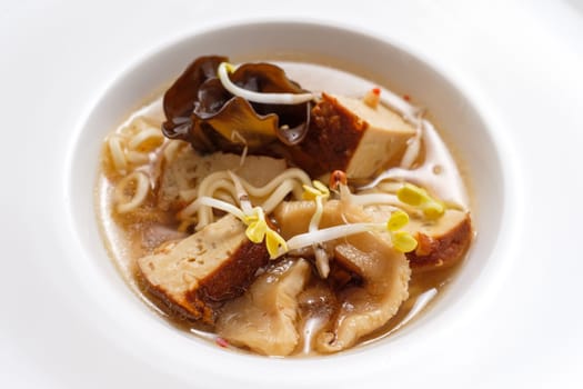 Japanese ramen soup with broth tofu and noodles mushrooms