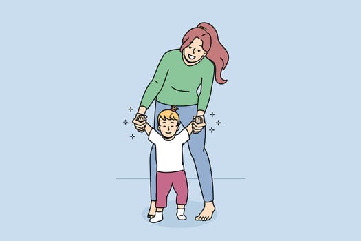 Happy young mother hold little baby child make first steps. Smiling loving mom lead excited small kid toddler walking. Motherhood and childhood concept. Flat vector illustration.