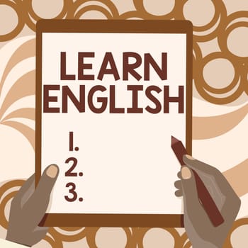 Handwriting text Learn English. Business approach Universal Language Easy Communication and Understand Drawing Of Both Hands Holding Tablet Lightly Presenting Wonderful Ideas