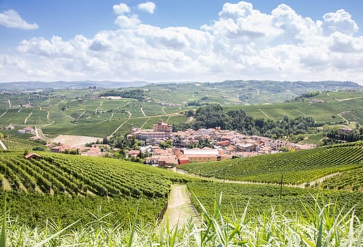 Panoramic countryside in Piedmont region, Italy. Scenic vineyard hill with the famous Barolo Castle and city.