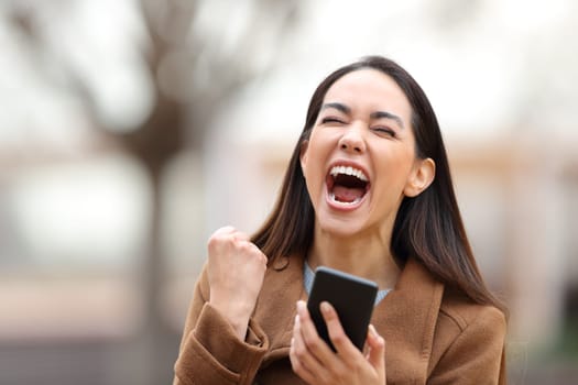 Excited woman holding phone celebrating good news in a park