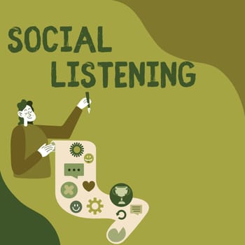 Writing displaying text Social Listening. Word for analyzing the conversations and trends of your product Lady Presenting Paper Showing Her Accomplishments Goals Project Ideas.