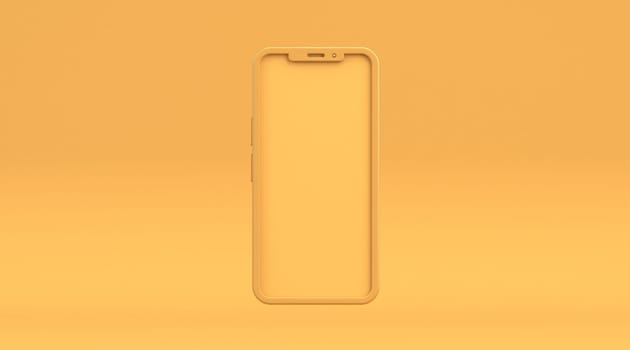 Smartphone blank yellow display 3D rendering illustration isolated on yellow background