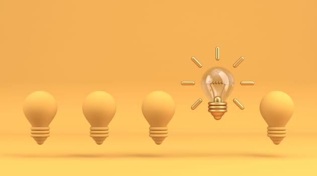 Five yellow light bulb and one lighting 3D rendering illustration isolated on yellow background