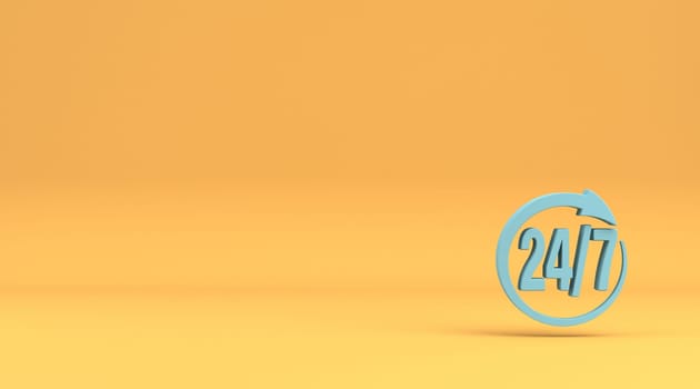 24 hours 7 days a week sign 3D rendering illustration isolated on yellow background