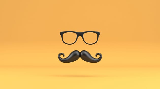 Black mustache and sunglasses 3D rendering illustration isolated on yellow background