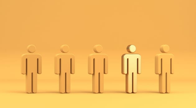 One different golden man among others 3D rendering illustration isolated on yellow background