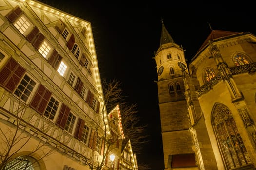 Half-timbered house and church in Germany Schorndorf