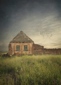 Old house ruins in the field. Texture added.