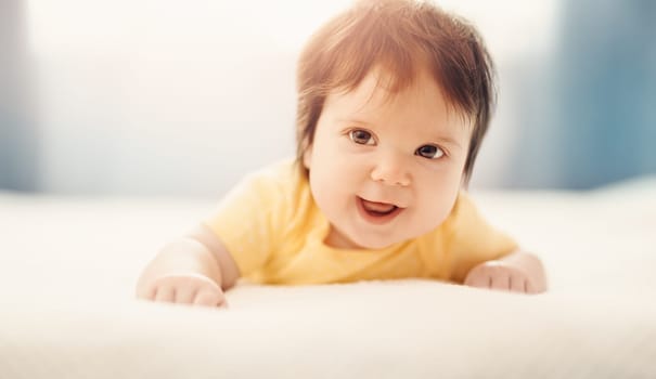 Cute little baby lying on the blanket. Concept of childhood and new life.