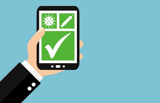 Flat Design Banner: Covid-19 vaccinated - Digital certificate on smartphone