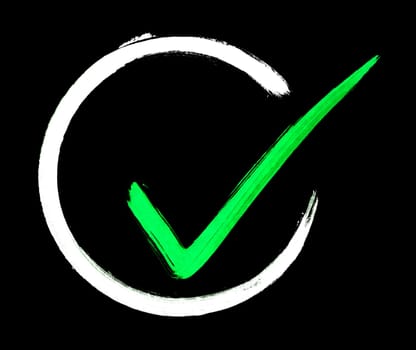 Hand painted green tick in white circle on black background