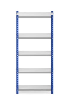 Front view of metal shelving unit on white background