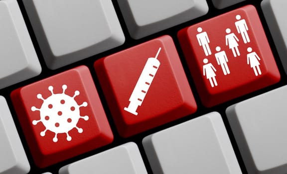 Covid-19 Symbol, Syringe and population icon on red computer keyboard - 3D illustration