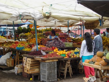 Latacunga, Ecuador, March 2009: Market stall in Latacunga, Ecuador, selling fruits