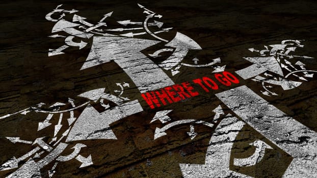 Where to go text on a crossroad in different ways of arrows on grunge background