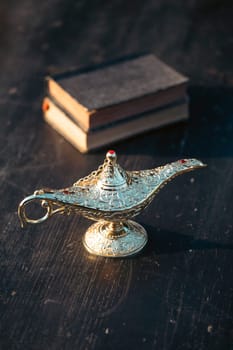 Ramadan Kareem festive greeting card for Muslim holy month with Aladdin lamp of wishes and Quran