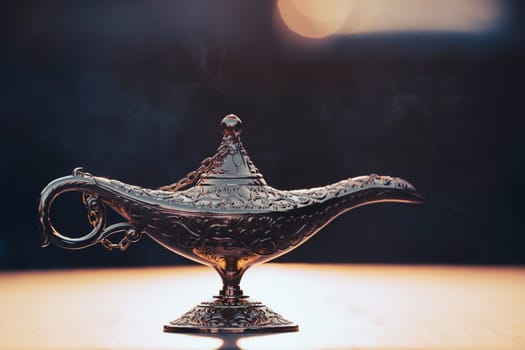 Ramadan Kareem festive greeting card for Muslim holy month with Aladdin lamp of wishes