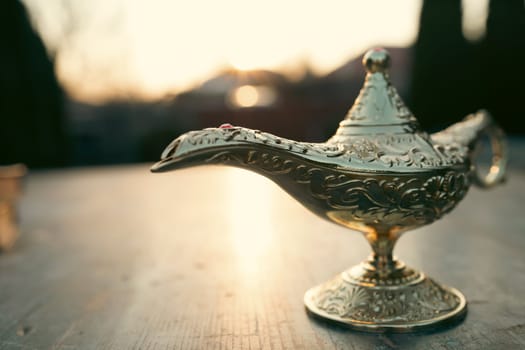 Ramadan Kareem festive greeting card for Muslim holy month with Aladdin lamp of wishes