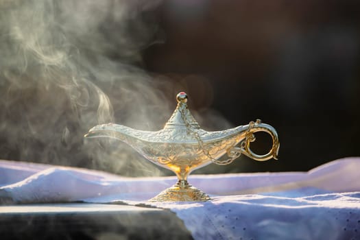 Ramadan Kareem festive greeting card for Muslim holy month with Aladdin lamp of wishes