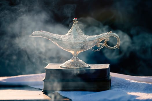 Ramadan Kareem festive greeting card for Muslim holy month with Aladdin lamp of wishes and Quran