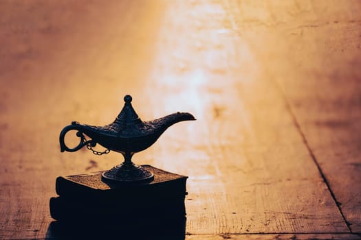Ramadan Kareem festive greeting card for Muslim holy month with Aladdin lamp of wishes