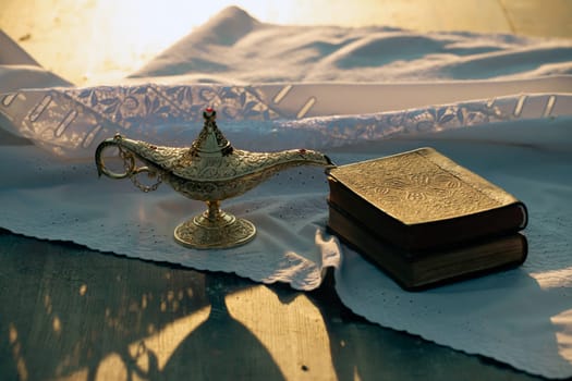 Ramadan Kareem festive greeting card for Muslim holy month with Aladdin lamp of wishes and Quran