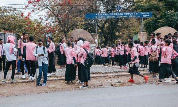 GONDAR, ETHIOPIA, APRIL 22.2019, Ethiopian students in uniform behind Fasiledes secondary school in Gondar City. Gondar, Ethiopia, April 22. 2019