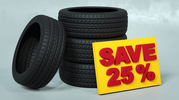 tire sale save 25% off car new wheel discount automobile garage 3D illustration