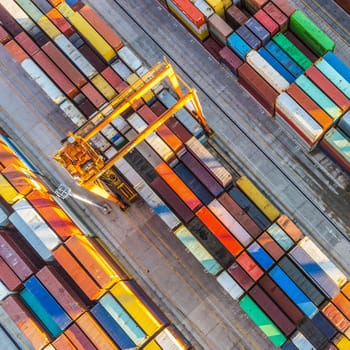 Aerial view of shipping container port terminal. Colourful pattern of containers in harbor. Maritime logistics global inport export trade transportation