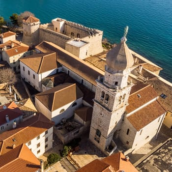 Aerial view of historic Adriatic town of Krk , Island of Krk, Kvarner bay of Adriatic sea, Croatia, Europe.