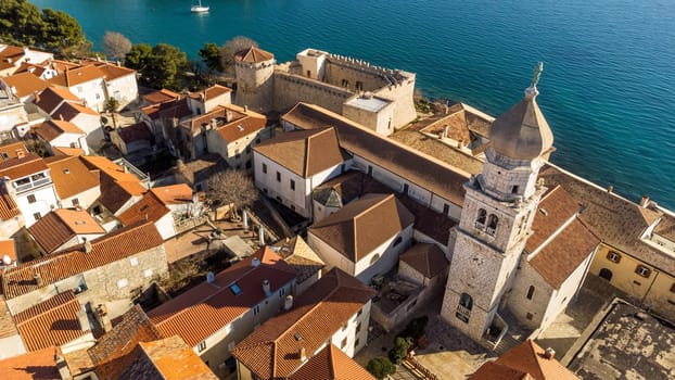 Aerial view of historic Adriatic town of Krk , Island of Krk, Kvarner bay of Adriatic sea, Croatia, Europe.