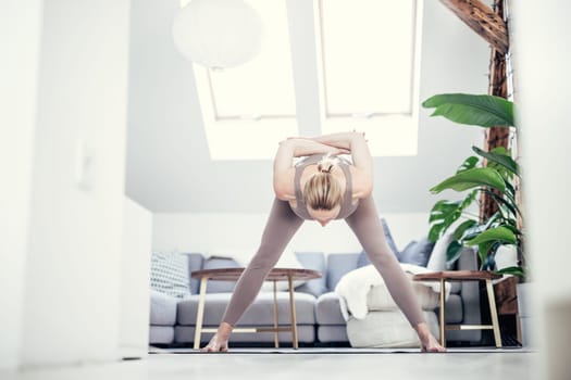 Young beautiful pregnant woman training pilates at home in her living room. Healthy lifestyle and active pregnancy and motherhood concept