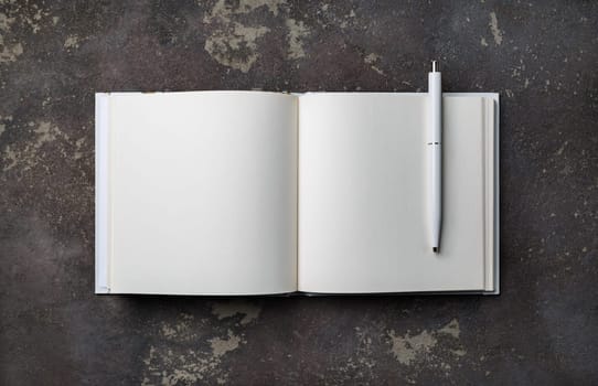 Photo of blank booklet and pen on concrete background. Responsive design mockup. Flat lay.