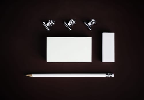 Photo of blank stationery set. Corporate identity mockup. Responsive design template. Top view. Flat lay.