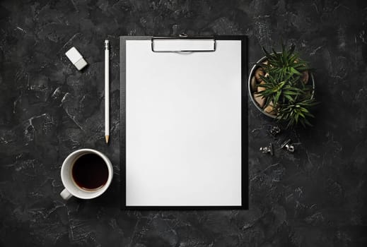Corporate identity mockup. Blank stationery set on black plaster background. Responsive design template. Flat lay.