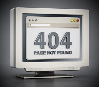 Retro monitor with 404 page not found connection error code on webpage. 3D illustration.