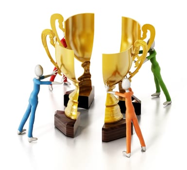 Four 3D figures bring together parts of the golden cup. 3D illustration.