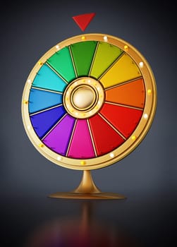 Multi colored prize wheel isolated on black background. 3D illustration.