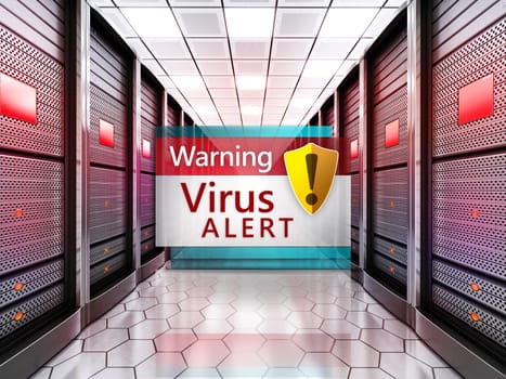 Virus alert message pop up window among network servers in a row. 3D illustration.